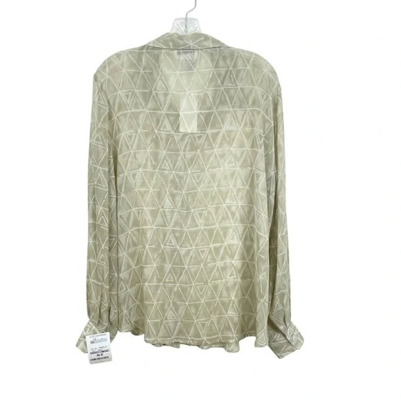 Vtg 90s NWT Tess 100% Silk Button Down Blouse Green Beige Semi-Sheer Size L - Picture 7 of 11